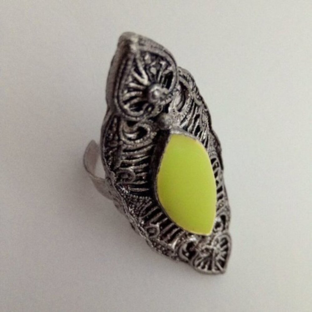 Silver-Toned Adjustable Ring with Green Oval Accent